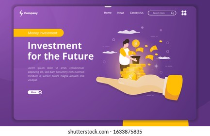 Investment illustration with the hand holding money on the landing page template