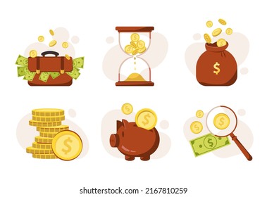 Investment illustration icons. Cash savings, earnings, business investments, profit. Business concept. Coins and bills. Flat vector illustration