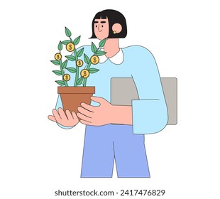 Investment illustration. Сharacter investing money in self development, knowledge and education. Personal finance management and financial literacy concept. People plant money tree with coins.