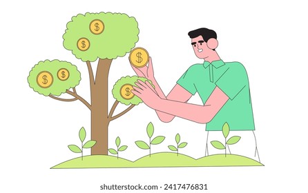 Investment illustration. Сharacter investing money in self development, knowledge and education. Personal finance management and financial literacy concept. People plant money tree with coins.