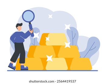 Investment Illustration, Investing in Precious Metals, Glowing Gold Bar Highlighting Wealth, Flat Vector Illustration