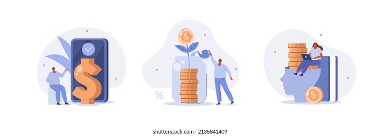 Investment illustration set. People characters investing money in self development, knowledge and education. Personal finance management and financial literacy concept. Vector illustration. - Shutterstock ID 2135841409