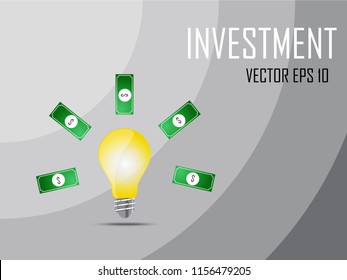 Investment illustration vector with bulb symbols and money