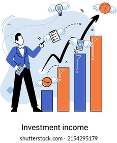 Investment income in form of interest on securities deposits and other transactions, market revaluation of financial instruments, currency revaluation, income on assets. Successful businessman