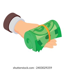 Investment income icon isometric vector. Rolled dollar bill stack in human palm. Investment concept, profit, earning
