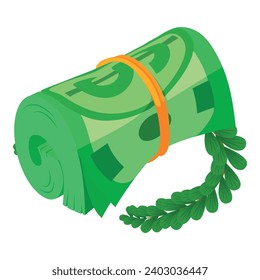 Investment income icon isometric vector. Rolled dollar bill and green branch. Investment concept, profit, earning