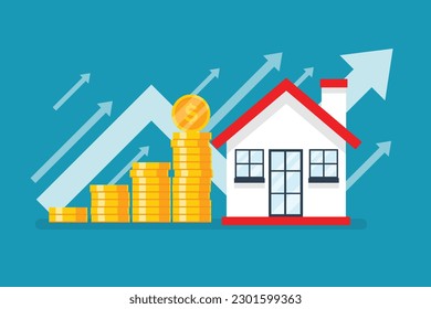 vivienda hipotecaria de ingresos de inversión. sobre fondo azul. el comercio de bienes raíces. flecha de pila de monedas con casa. diseño plano de ilustración vectorial. 