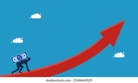 investment initiatives to grow. Businessman with banknotes prepared to run on growth arrow 