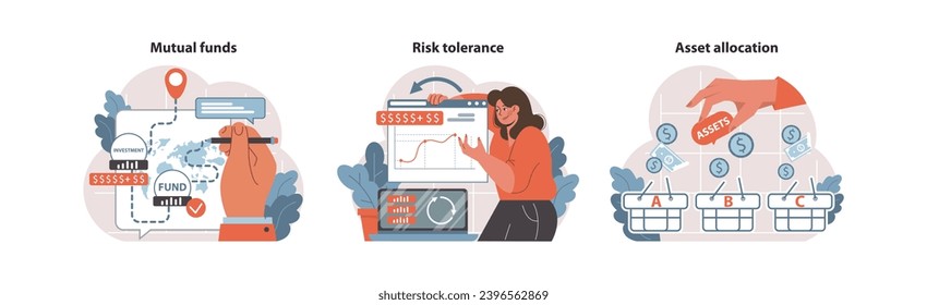 Investitionseinblicke werden gesetzt. Tauchen Sie in Investmentfonds ein, messen Sie Ihre Risikotoleranz und optimieren Sie die Anlagenallokation. Fundierte Entscheidungen für das Finanzwachstum. Flache Vektorgrafik