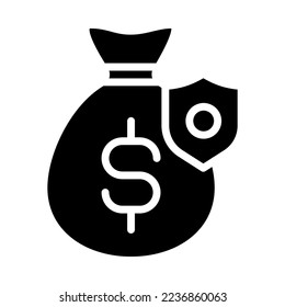 Icono de seguro de inversión. Diseño sólido. Bolsa de dinero con guardia de seguridad. Concepto de protección de ingresos.  Para presentación de negocios y pagos. Ilustración vectorial.