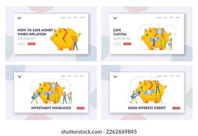 Investment Insurance Landing Page Template Set. Tiny Characters Fixing Broken Piggy Bank. Professionals Using Tools To Repair Symbol Of Financial Savings. Cartoon People Vector Illustration