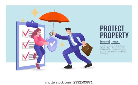 Investment in insurance policy to protect property. care about family life, assurance protection. Contract policy agreement. Insurance design concept with umbrella protection. Vector illustration.