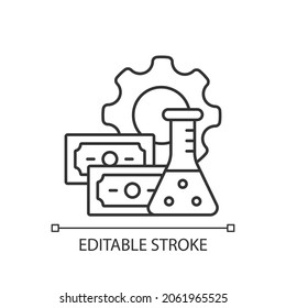Investment into drug development linear icon. Financial support. Financing clinical trials. Thin line customizable illustration. Contour symbol. Vector isolated outline drawing. Editable stroke