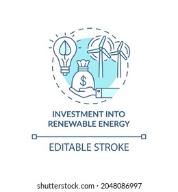 Icono de la inversión en concepto de energía renovable. Reducir la contaminación atmosférica, idea abstracta, ilustración de línea delgada. Disminución de las emisiones y contaminantes. Dibujo de color de contorno aislado del vector. Trazo editable