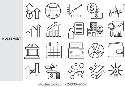 Investment ,Investing in a business invests a large amount of money for business profits. ,Set of line icons for business ,Outline symbol collection.,Vector illustration. Editable stroke