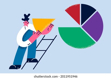Investment, investor, financial planner concept. Businessman investor cartoon character standing on ladder to arrange part chart rebalancing investment for business development vector illustration