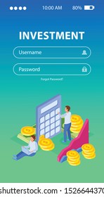 Investment isometric background for authorization page with fields for username and password coins diagrams and people vector illustration