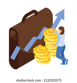 Investment isometric icons composition with human character of investor with bag and coin stacks vector illustration