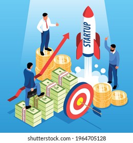 Investment isometric vector illustration with men stay on bundles of banknotes and watch for starting rocket symbolizing beginning of new business project