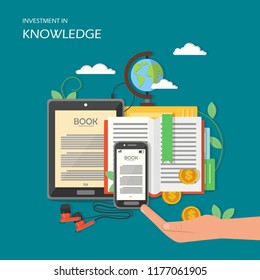 Investment in knowledge concept vector illustration. Globe, e-book, smartphone with earphones and dollar coins falling from book into human hand. Flat style design element for poster, banner etc.