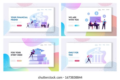 Investment in Knowledge, Educational Loan Landing Page Template Set. Tiny Students Characters Take Money Debt in Bank for Invest in Education and Future Successful Career. Cartoon Vector Illustration