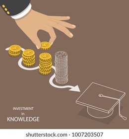 Investment in knowledge flat vector. Hand is putting a coin to the one of pile that is representing savings. The last pile and a graduation hat have just outlines that means they are not real yet.