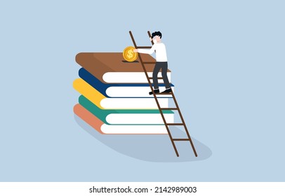 Investment in knowledge to improve skill or get better life, lifelong learning, self development, 
reading to succeed concept. Visionary businessman climb up ladder to put coin into stacks of books.