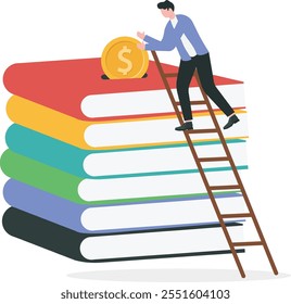 Investment in knowledge to improve skill or get better life, lifelong learning, self development, reading to succeed concept. Visionary businessman climb up ladder to put coin into stacks of books.
