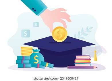 Inversión en conocimiento, préstamo estudiantil y concepto de beca. Altas tasas de matrícula. Crédito educativo, cuota universitaria, gastos de matrícula, libros de texto y sombrero de graduación. Sistema financiero, economía. vector plano