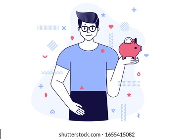 Investment in knowledge, student loans, scholarships. Student holds a piggy bank. Accumulation of funds for study. Study and finance concept. Vector illustration on white background