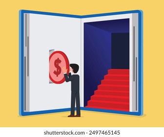 Investment in knowledge and the value of education. A man placing a coin in a book 