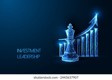 Investment leadership concept with king chess figure and ascending growth chart on dark blue background. Futuristic polygonal style illustration for finance, strategy, business themes. Abstract vector