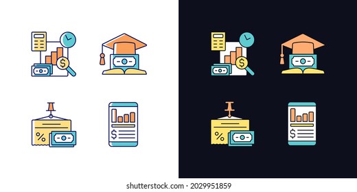 Investment light and dark theme RGB color icons set. Education loan. Money management. Financial literacy. Isolated vector illustrations on white and black space. Simple filled line drawings pack