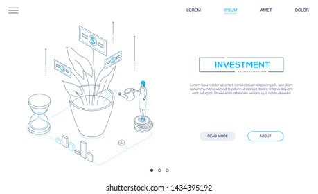 Investment - line design style isometric web banner on white background with copy space for text. Website header with businesswoman standing on coins stack, watering money tree, diagrams and hourglass