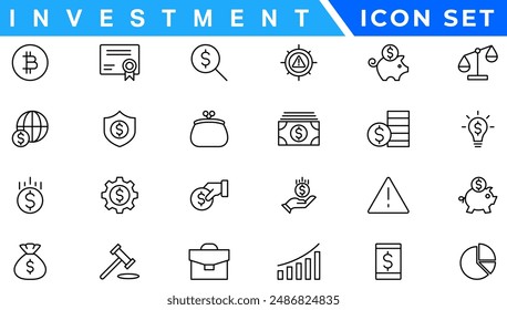 Investment Line Editable Icons set. Vector illustration in modern thin line style of business related icons: types of investments, economics, profit, savings, and more. Isolated on white