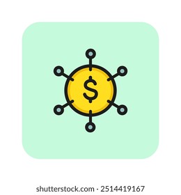 Ícone da linha de investimento. Dinheiro, captação de recursos, pagamento. Conceito bancário. Pode ser usado para tópicos como investimento, economia,