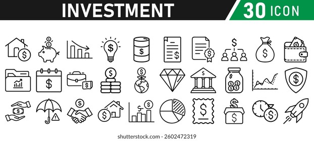 Investment Line Icon Set. Contains Financial Strategy, Savings, Credit Score, income, wallet, currency, dollar, card, coin, Capital, Banking, Profit icons collection