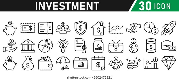Investment Line Icon Set. Contains Financial Strategy, Savings, Credit Score, income, wallet, currency, dollar, card, coin, Capital, Banking, Profit icons collection