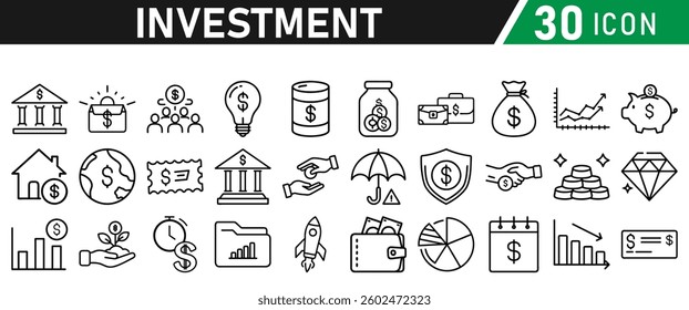 Investment Line Icon Set. Contains Financial Strategy, Savings, Credit Score, income, wallet, currency, dollar, card, coin, Capital, Banking, Profit icons collection
