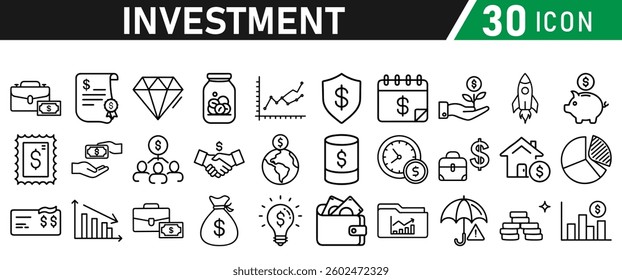 Investment Line Icon Set. Contains Financial Strategy, Savings, Credit Score, income, wallet, currency, dollar, card, coin, Capital, Banking, Profit icons collection