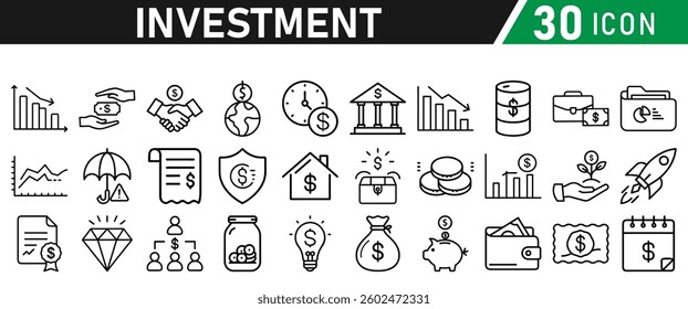 Investment Line Icon Set. Contains Financial Strategy, Savings, Credit Score, income, wallet, currency, dollar, card, coin, Capital, Banking, Profit icons collection