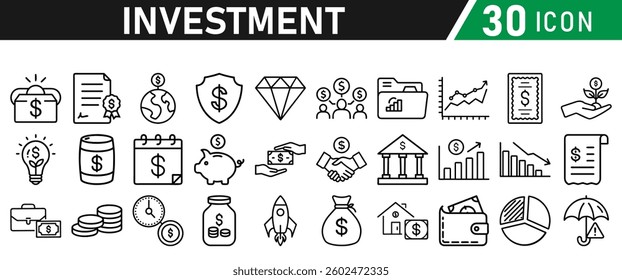 Investment Line Icon Set. Contains Financial Strategy, Savings, Credit Score, income, wallet, currency, dollar, card, coin, Capital, Banking, Profit icons collection