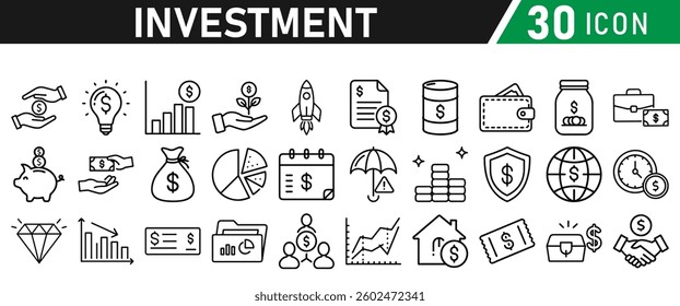 Investment Line Icon Set. Contains Financial Strategy, Savings, Credit Score, income, wallet, currency, dollar, card, coin, Capital, Banking, Profit icons collection