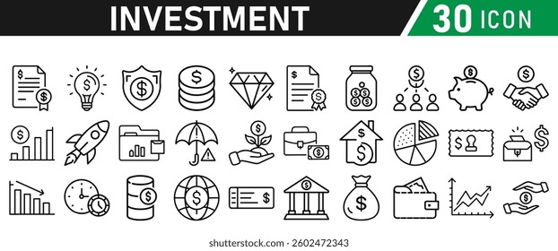 Investment Line Icon Set. Contains Financial Strategy, Savings, Credit Score, income, wallet, currency, dollar, card, coin, Capital, Banking, Profit icons collection