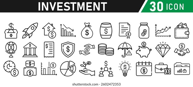 Investment Line Icon Set. Contains Financial Strategy, Savings, Credit Score, income, wallet, currency, dollar, card, coin, Capital, Banking, Profit icons collection