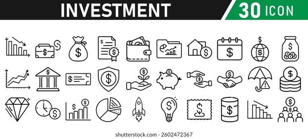 Investment Line Icon Set. Contains Financial Strategy, Savings, Credit Score, income, wallet, currency, dollar, card, coin, Capital, Banking, Profit icons collection