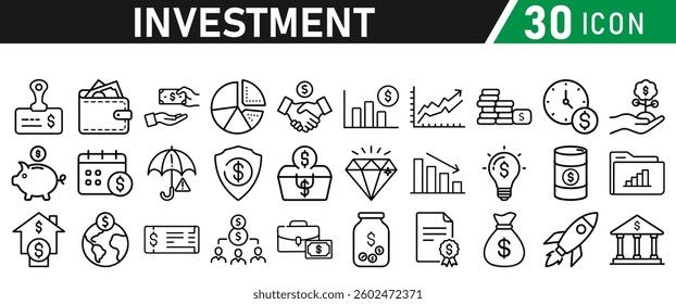 Investment Line Icon Set. Contains Financial Strategy, Savings, Credit Score, income, wallet, currency, dollar, card, coin, Capital, Banking, Profit icons collection