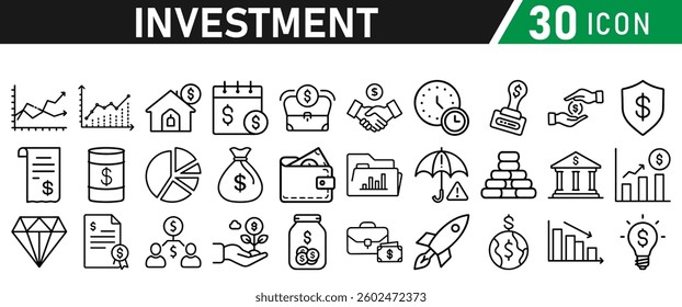 Investment Line Icon Set. Contains Financial Strategy, Savings, Credit Score, income, wallet, currency, dollar, card, coin, Capital, Banking, Profit icons collection