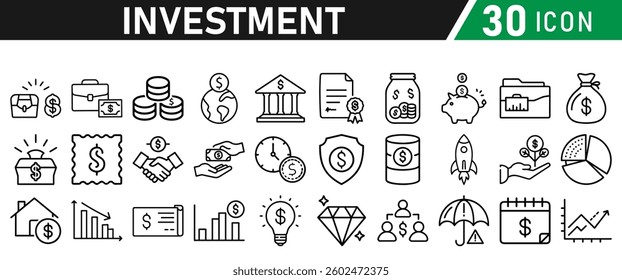 Investment Line Icon Set. Contains Financial Strategy, Savings, Credit Score, income, wallet, currency, dollar, card, coin, Capital, Banking, Profit icons collection