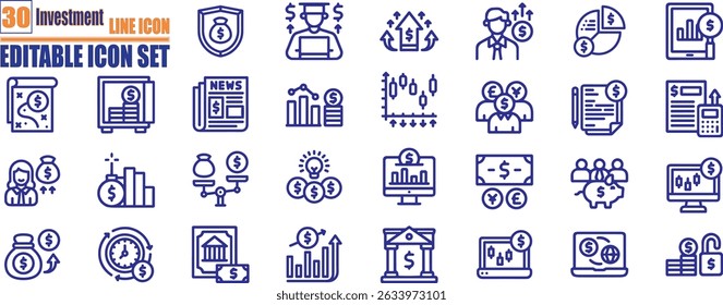 Investment line icon set. economy, financial gain, interest investor, mutual fund, asset, risk management, and stock icons.	
